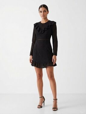 PLT Black Eyelet Lace Long-Sleeve Ruffle Mini Cocktail Dress Size 6 Minimalist